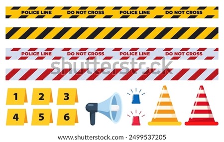 Crime scene icon set. Police detective equipment. Criminology Police Crime Investigation Scene elements. Police tape, marks, megaphone, flashing lights. Vector