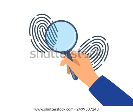 Man looking through magnifying glass at fingerprints. Hand holding loupe for identification. Identity, evidence concept. Vector illustration