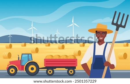 Farmer Black woman character with pitchfork near hayloft prepares hay in autumn. Tractor with hay bales in cart. Agricultural machinery. Vector Illustration