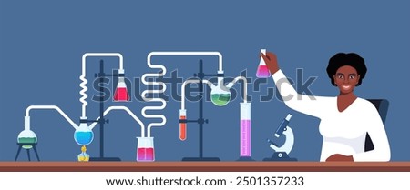 Scientist in chemistry laboratory working on research and exploration. Flasks, vials, test tubes with substance. Lab research, testing, studies in chemistry. Vector illustration