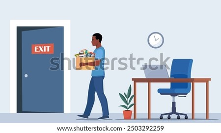 Dismissal, employee replacement. Unhappy black man dismissed from job, leave office with stuff in box. Unemployment dismissal of workers. Layoff, crisis. Vector illustration