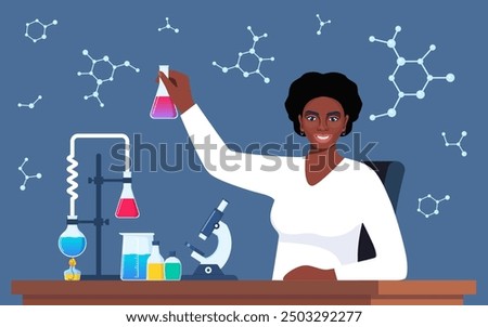 Scientist in chemistry laboratory working on research and exploration. Flasks, vials, test tubes with substance. Lab research, testing, studies in chemistry. Vector illustration