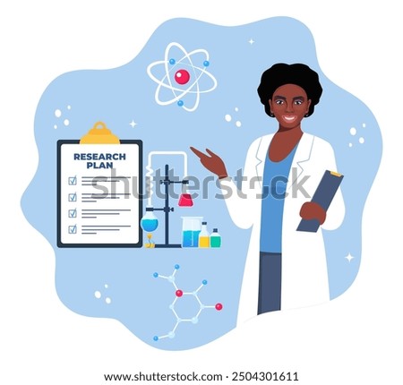 Chemist scientist, flasks, vials, test tubes. Chemical laboratory research plan on clipboard. Atom sign. Organic chemical compounds formulas. Chemistry concept vector illustration