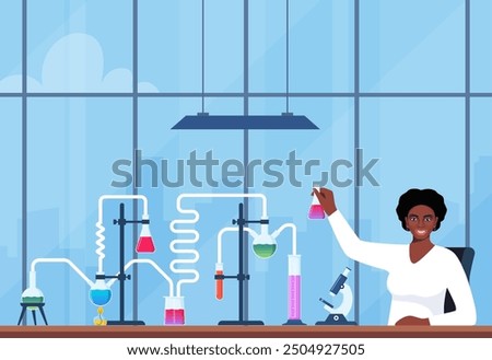 Scientist in chemistry laboratory working on research and exploration. Flasks, vials, test tubes with substance. Lab research, testing, studies in chemistry. Vector illustration