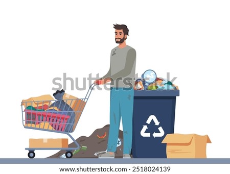 Homeless vagrant person looking for food and things in dirty trash can. Ragged vagabond. Homeless man pushing trolley cart with belongings. Guy walking street begging for help. Beggar. Vector