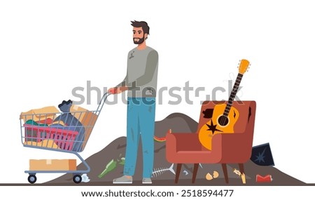 Homeless vagrant person looking for things in a landfill. Ragged vagabond. Homeless man with trolley cart full of belongings. Beggar on dump. Vector