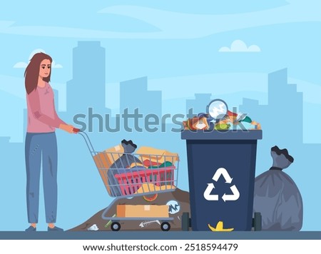 Homeless vagrant person looking for food and things in dirty trash can. Ragged vagabond. Homeless woman with trolley cart full of belongings. Girl walking street begging for help. Beggar. Vector.