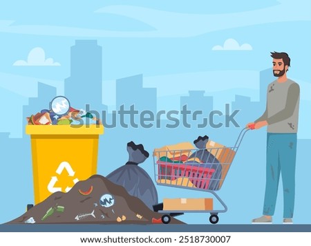 Homeless vagrant person looking for food and things in dirty trash can. Ragged vagabond. Homeless man with trolley cart full of belongings. Guy walking street begging for help. Beggar. Vector