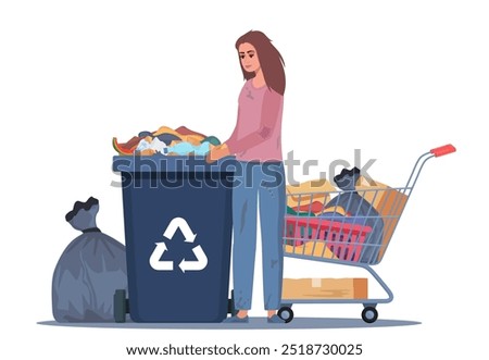 Homeless vagrant person looking for food and things in dirty trash can. Ragged vagabond. Homeless woman with trolley cart full of belongings. Girl walking street begging for help. Beggar. Vector.