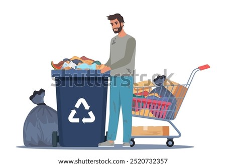 Homeless vagrant person looking for food and things in dirty trash can. Ragged vagabond. Homeless man with trolley cart full of belongings. Guy walking street begging for help. Beggar. Vector