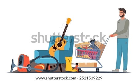 Homeless vagrant person looking for things in a landfill. Ragged vagabond. Homeless man with trolley cart full of belongings. Beggar on dump. Vector