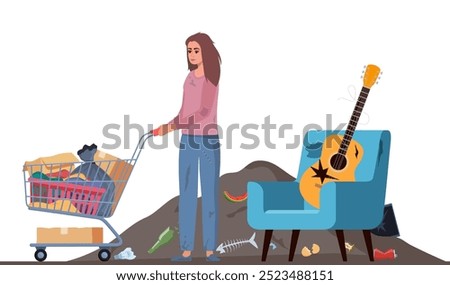 Homeless vagrant person looking for things in a landfill. Ragged vagabond. Homeless woman with trolley cart full of belongings. Beggar on dump. Vector