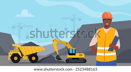 Excavator and dump truck working at coal mine. Open pit mine or quarry, extraction machinery. African American Woman engineer in orange protective helmet on the foreground. Vector illustration