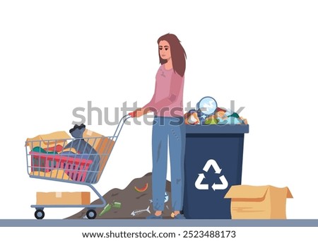 Homeless vagrant person looking for food and things in dirty trash can. Ragged vagabond. Homeless woman pushing trolley cart with belongings. Girl walking street begging for help. Beggar. Vector