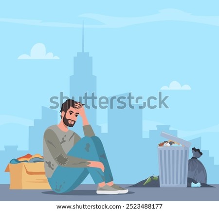 Homeless man on street. Bum in ragged clothes sitting on ground begging money. Unemployed character asking support in trouble situation, begging. Vector illustration