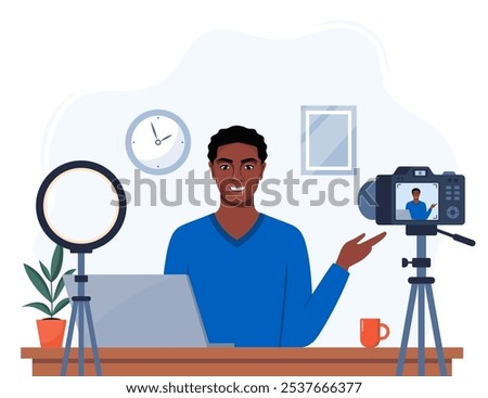 Man blogger records himself on video using a camera and a circle light lamp. Vector character influencer creating a video review for a blog. Vlogger records video indoors. Flat illustration