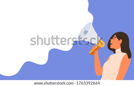 Young woman holding megaphone and speaking on blue and white blank background. Concept of announcement, advertising, promotion, business, demonstration, empty template. Flat vector illustration
