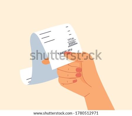 Hand holding bill or receipt. Concept of payment, shopping, purchase, credit payment, buying. Flat vector illustration cartoon.