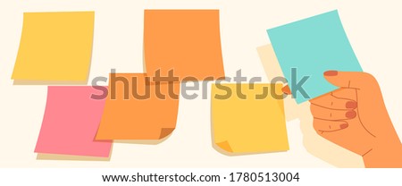 Blank colorful sticky notes on the wall and hand holding different one. Concept of remind, idea, note , editable sticky paper, brainstorming, office, background, template. Flat vector illustration