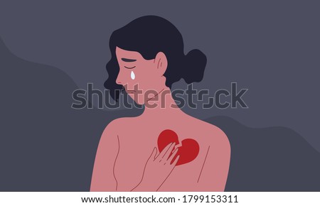 Female is crying with heartbroken. Concept of sadness, depression, mourning, gloom, falling tear, grieve woman, broken-heart woman, missing of love. Flat vector illustration character.