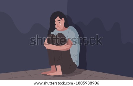 Young female sitting in hugging her knees and crying at dark corner. Concept of sadness, loneliness, depression, PTSD, sorrow, suffering, grieve, gloomy woman, pain people. Flat vector illustration