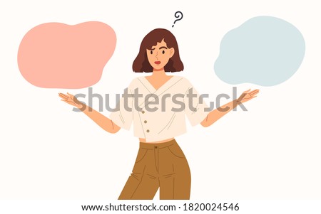 Young female standing confusedly to choose two choice. Concept of choice, selection, answer, reply, accept of refuse. Use with advertisement or business. flat style vector illustration character Stock foto © 