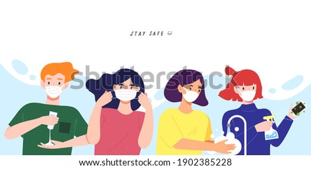 Group of people with COVID-19 prevention action. Hygiene campaign; using hand sanitizer, wearing mask, cleaning hands with soap, disinfect touched surfaces. Flat vector illustration for banner or sign