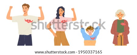 Set of people in different ages have a healthy strong heart. Concept of mental health care, moral support, encouragement, morale, well-being. Happy young  man, woman, kid, and old lady. Flat vector