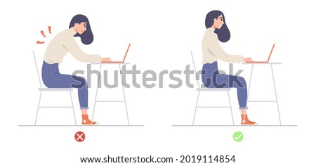 illustration showing correct way to sit while using computer on table; safe body back. Concept of  ergonomics, right posture for healthy back, back pain, spine, health care. Flat vector.
