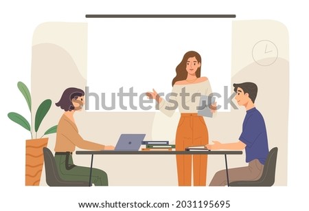 Office conference at the meeting room with laptop, document folder and projector screen. Concept of business meeting, brainstorm idea, creativity, colleague, presentation. Flat vector illustration. 