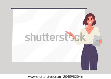 Young businesswoman in presenting pose with blank projector screen for message. Information template. Concept of presentation, announcement, showing. Flat vector illustration character.