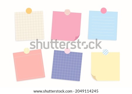 Bundle of pastel cute colorful paper note. Blank sticky note for message. Piece of different colored memo note template for reminder, announcement, advertising, information. Flat vector illustration.