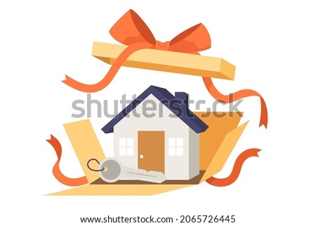 House and key in the yellow present box with orange ribbon. Opening gift box. Concept of real estate, real property, land and house, business, investment. Flat vector illustration.