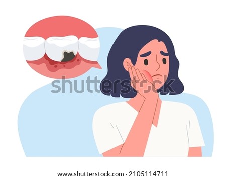 Young woman holding her cheek with hand palm. Suffering from toothache. Decayed tooth cause of oral disease. Concept of oral health, dental problem . Flat vector illustration character. Stock foto © 
