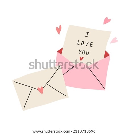 Love letters clipart for Valentine's day decoration isolated on white background. Beige and pink envelope with pink heart and message 