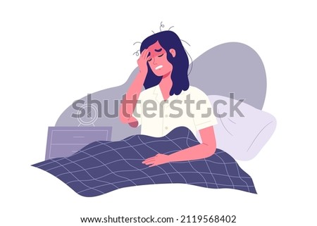 Sleepless female sitting on bed at night. Young woman get upset by waking up at night. Concept of suffering from insomnia, headache, depression, stress and mental health issue. Fla vector illustration