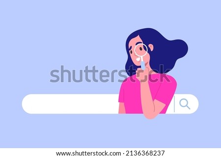 Young female in search bar looking through magnify glass. Concept of searching, finding, information service, Q and A, customer support, find the answer. Flat vector illustration character.