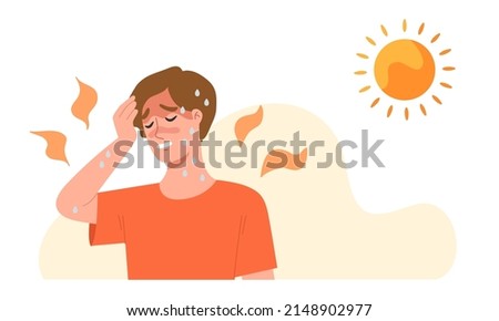 Young man at outdoor with hot temperature. Concept of exhausted, sunburn, summer day, high temperature. Heat stroke symptoms;  high body temperature, sweat, perspire, headache, red skin, dehydration.
