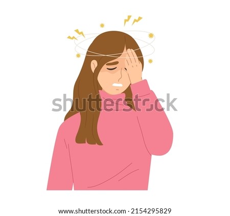 Young female having a dizzy symptom and raising her hand to touch her head. Concept of illness, vertigo, headache, dizziness, sickness. Flat vector illustration character about health.
