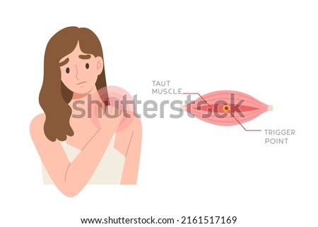 Young female having neck and shoulder pain with infographic of trigger point in muscle cause of pain. Concept of bad posture, office syndrome, myositis, health care. Flat vector illustration.