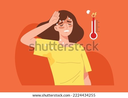 Sweaty woman with hot thermometer. Concept of heat stroke, suffering from heat wave, summer, climate change, global warming, health. Flat vector illustration character.