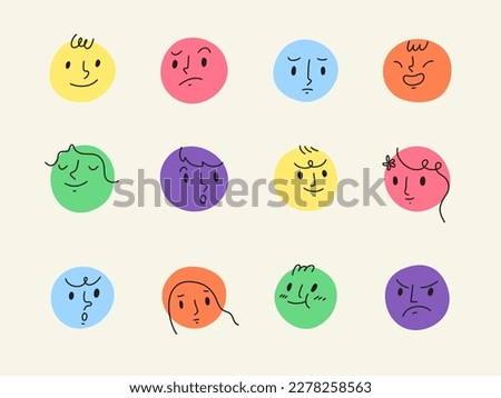 Set of colorful various face expression icons. Concept of state of mind, mental health, emotion, emoticon, feeling. Doodle style. Flat vector illustration cartoon.