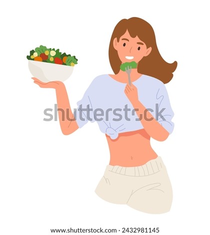 Young happy woman eating salad isolated on white background. Concept of healthy lifestyle, diet, waist loss, fresh meal, cooking, clean food, low calorie. Flat vector illustration cartoon character.