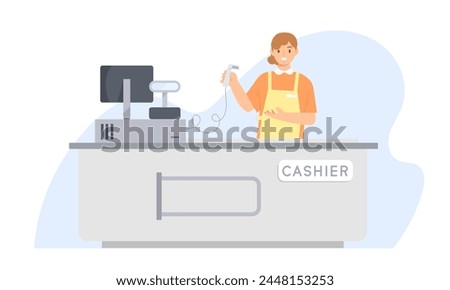 Cashier woman standing at checkout station and holding Barcode Scanner at supermarket. Concept of occupation, job, supermarket, grocery, shopping, retail store. Flat vector illustration character.