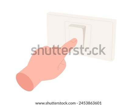 Hand pressing on switch isolated on white background. Concept of starting, turning on or turning off the light, hands pushing, pressing button, fingers, hitting, activating. Flat vector illustration.