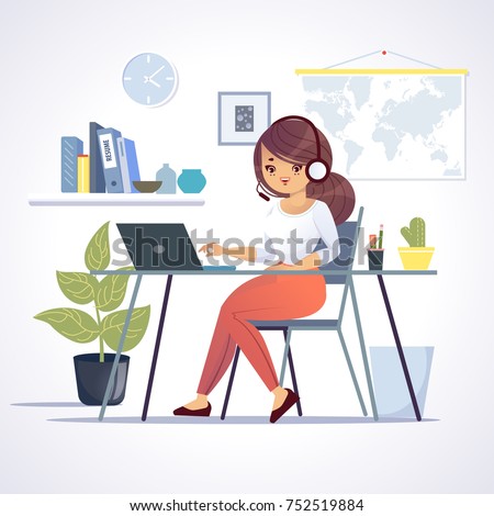 Young woman works in officeor at home. Call center. Vector clip art