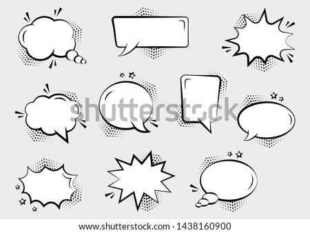 Set of empty comic speech bubbles different shapes with halftone shadows and stars, hand drawn. Sound effects in pop art style. Vector illustration