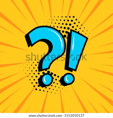 Comic question mark and exclamation point, blue signs on yellow comic speech banner in pop art style. Vector illustration