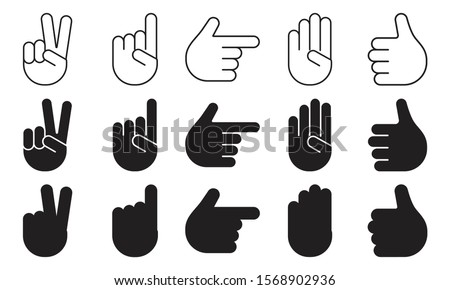 Different hands gestures of human, set of black and white icons, outline, flat design, silhouettes. Vector illustration