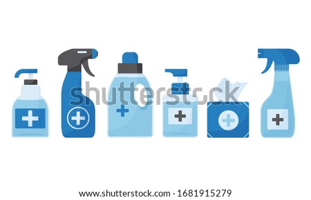 Disinfection. Hygiene. Hand sanitizer bottles, washing gel, spray, wipes box, liquid soap. Vector illustration